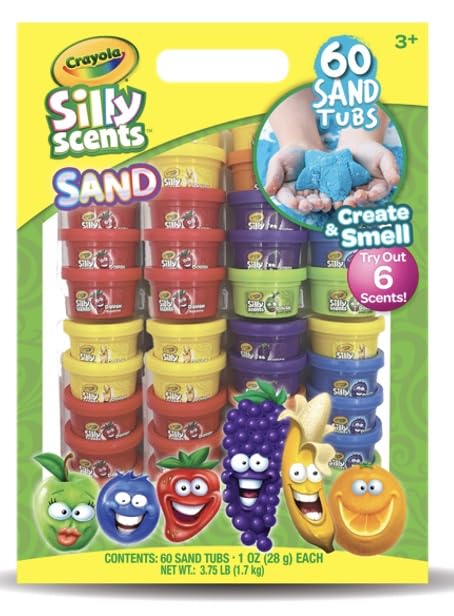 Crayola Silly Scents blue blueberry sand tub enhances sensory exploration and color recognition.