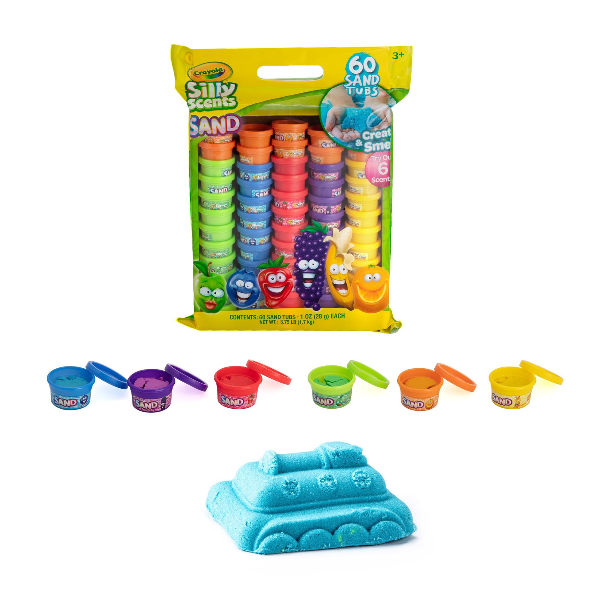 Crayola Silly Scents red strawberry sand tub boosts imaginative play and fine motor skills.