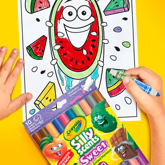 Crayola Silly Scents markers highlight two-ended design for imaginative coloring and scent.