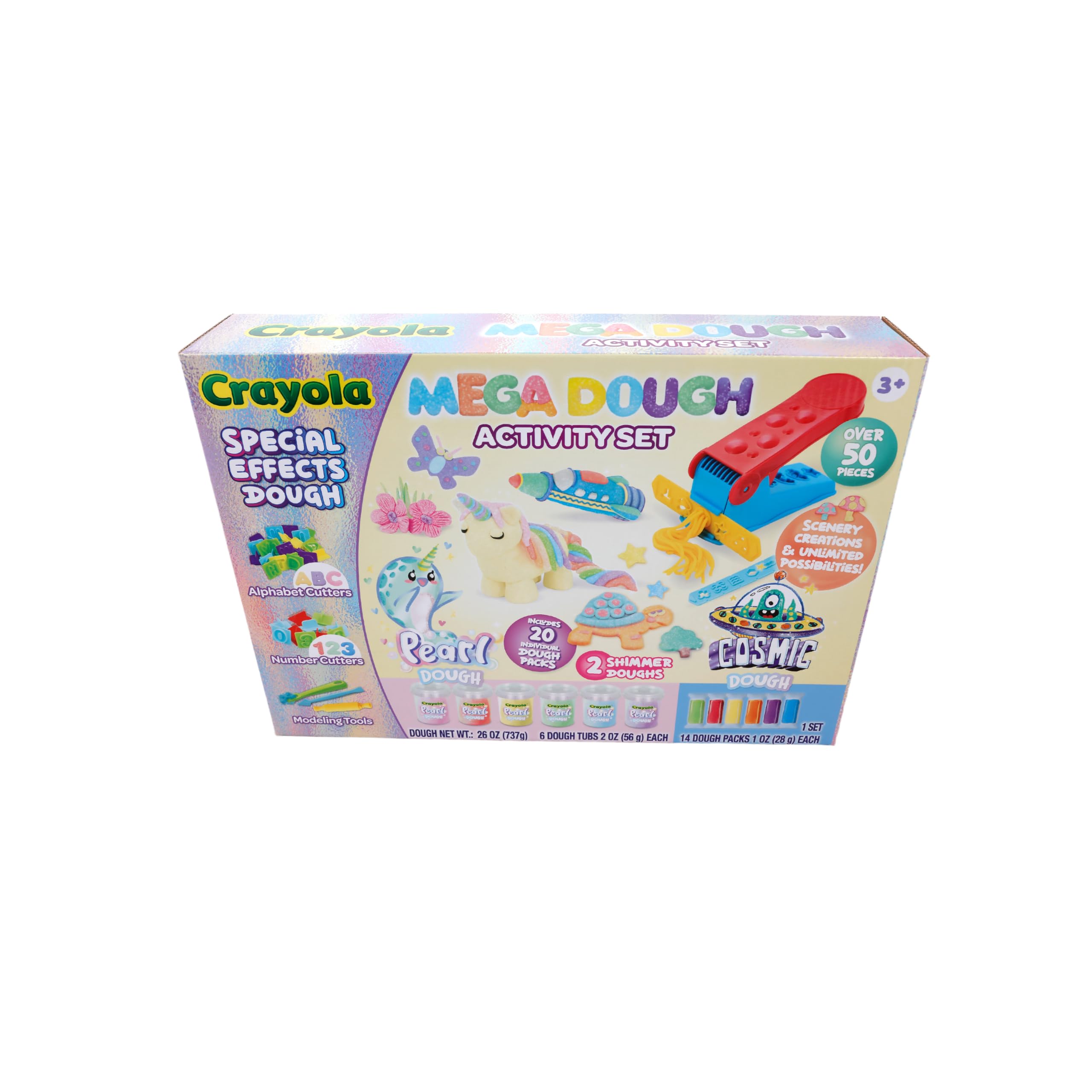 Crayola Silly Scents Mega Dough alphabet cutters used for letter learning.