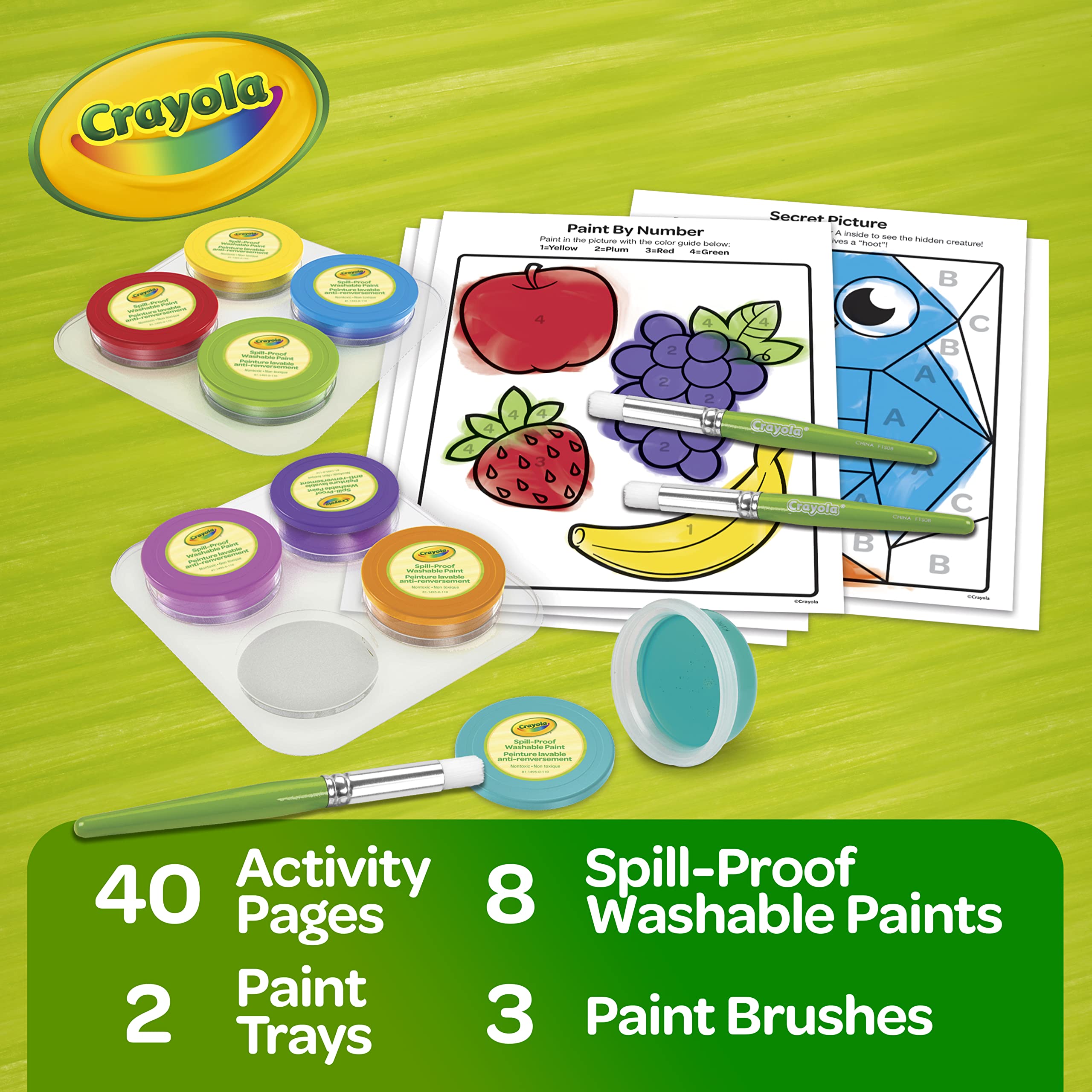 Crayola Spill Proof Paint Set with 3 kid-friendly brushes for little hands