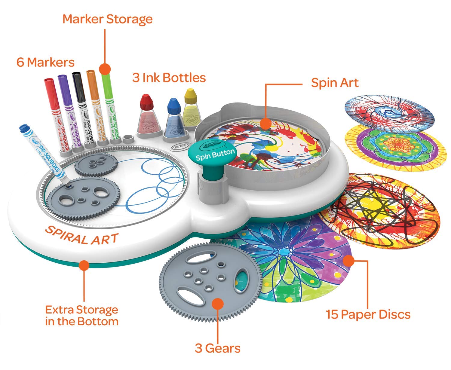 Crayola Spin & Spiral Art Station markers set bright Pip Squeaks for bold lines.