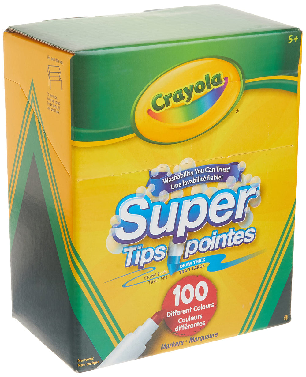 Crayola Super Tips 100-count pack front view for vibrant, washable color options.
