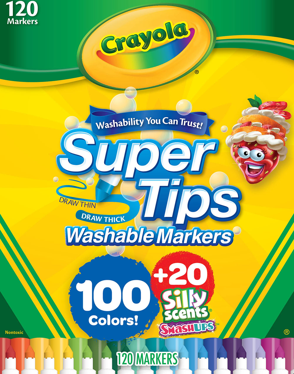 Crayola Super Tips 120-count pack shot, versatile for detailed coloring projects.