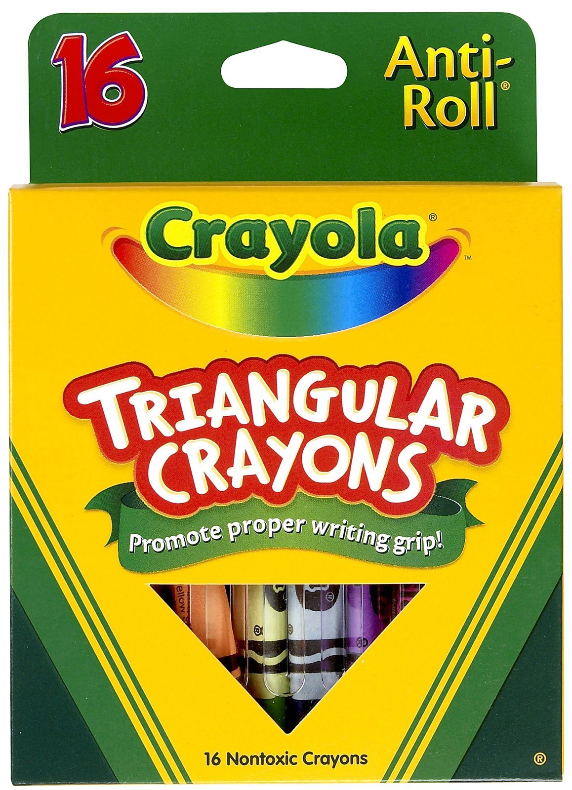 Crayola triangular anti-roll crayons pack shot, comfortable grip for precise coloring and easy control.