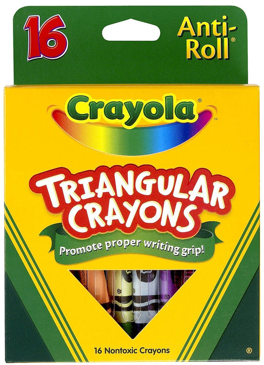 Crayola triangular anti-roll crayons pack shot, comfortable grip for precise coloring and easy control.