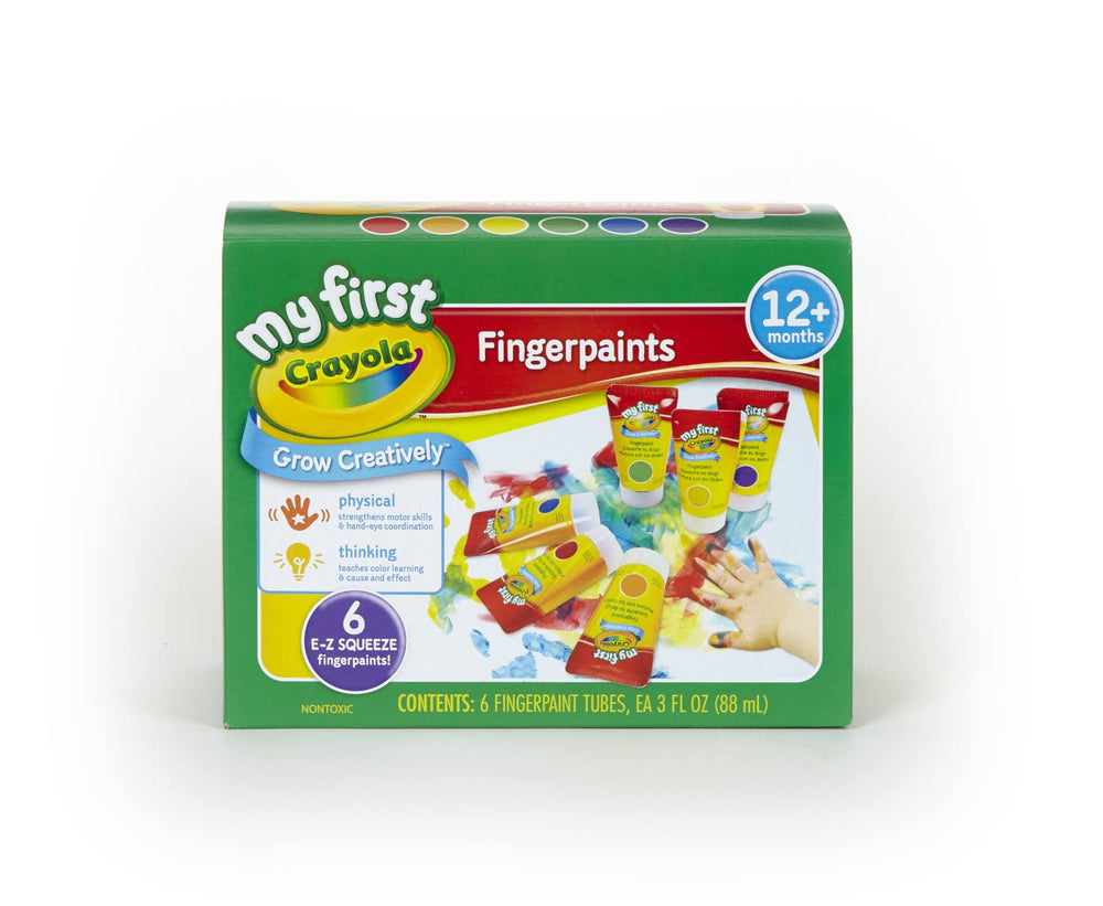 Crayola washable finger paints blue bottle for toddler art, easy cleanup after creative play.
