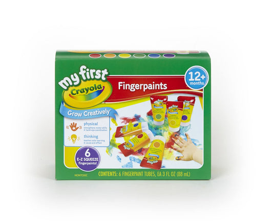 Crayola washable finger paints blue bottle for toddler art, easy cleanup after creative play.