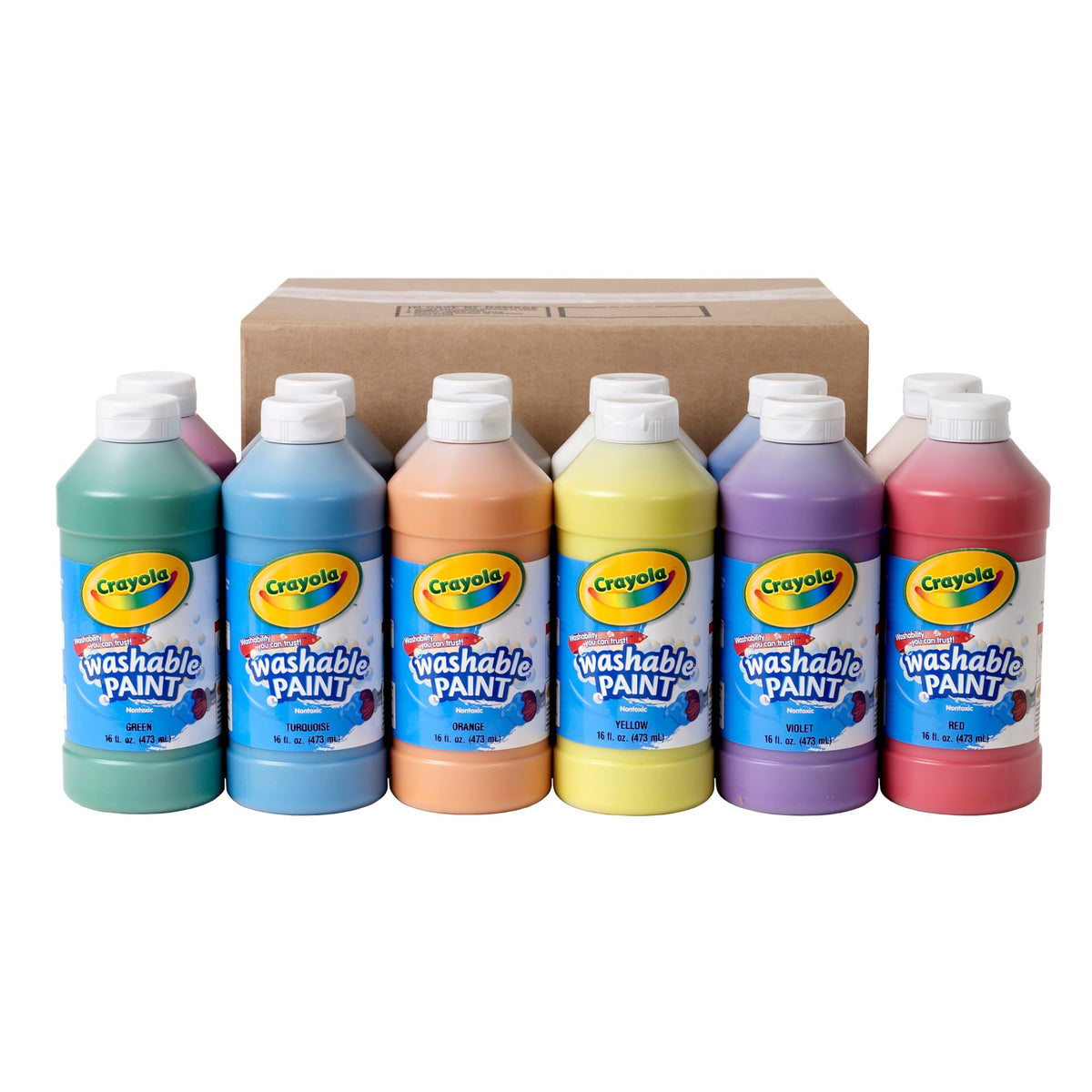 Crayola Washable Paint 12ct bottles closeup shows easy-squeeze bottles and vibrant, washable colors.