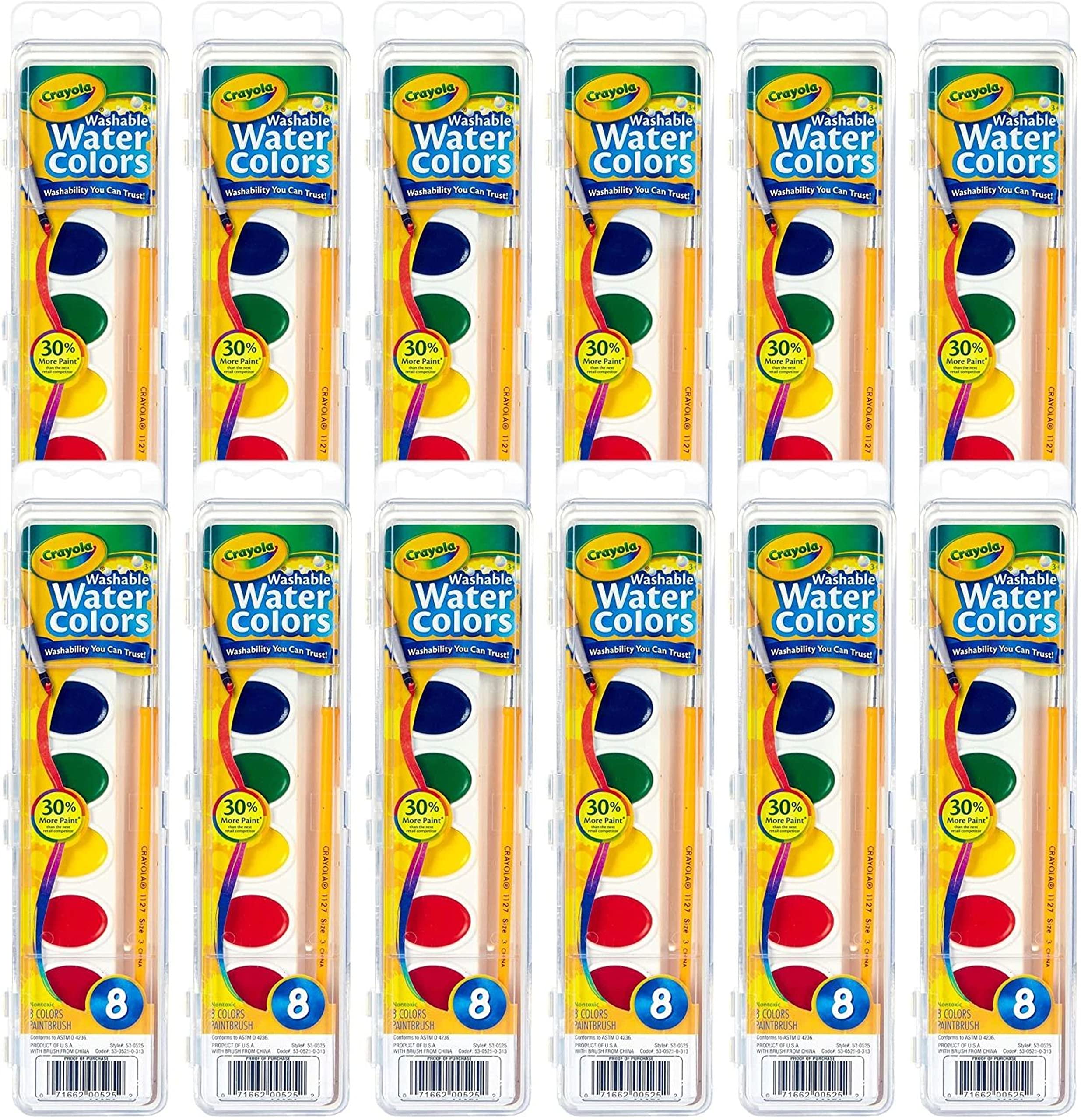 Crayola Washable Watercolor Paint 12-Set with vibrant, blendable hues for classroom art.