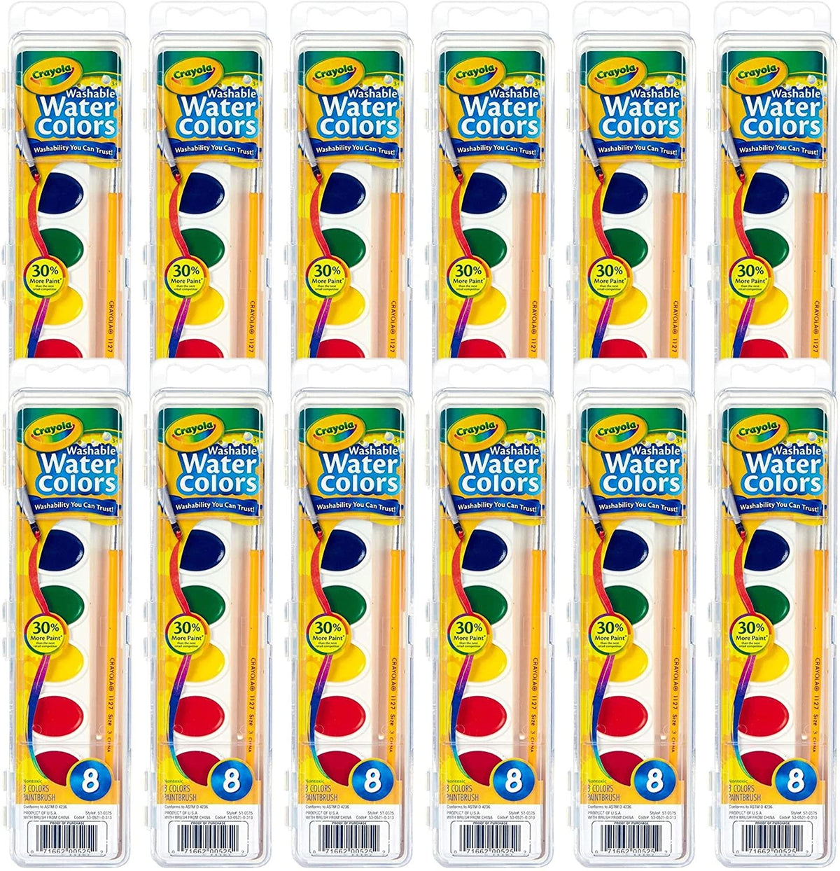 Crayola Washable Watercolor Paint 12-Set with vibrant, blendable hues for classroom art.