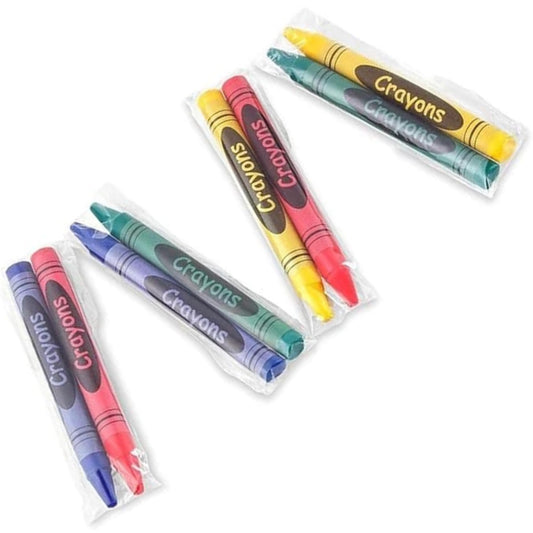 CrayonKing pre-wrapped 2-pack crayons ideal for quick party distribution.