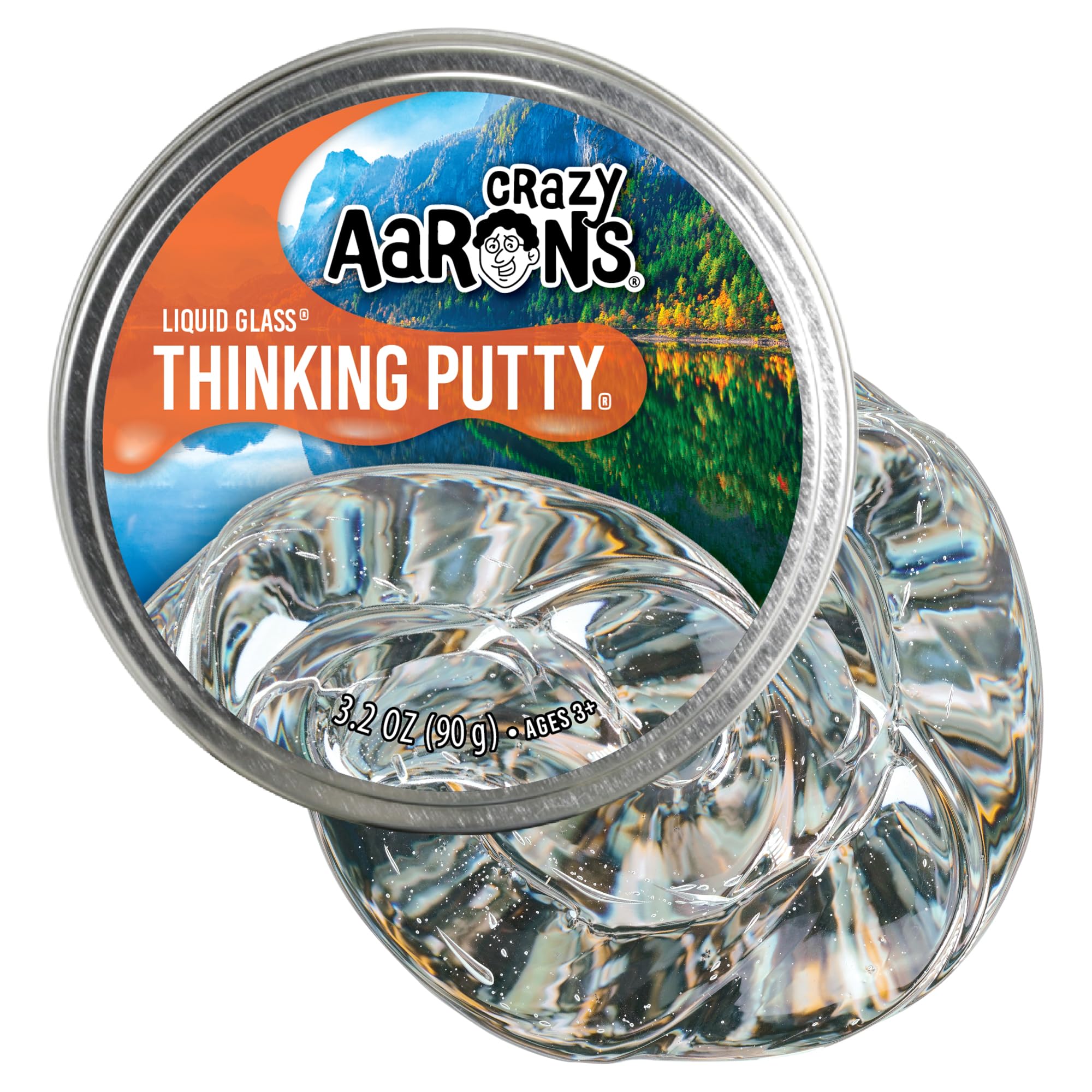 Crazy Aaron's Liquid Glass see-through putty in a 4-inch tin for crystal-clear tactile exploration.