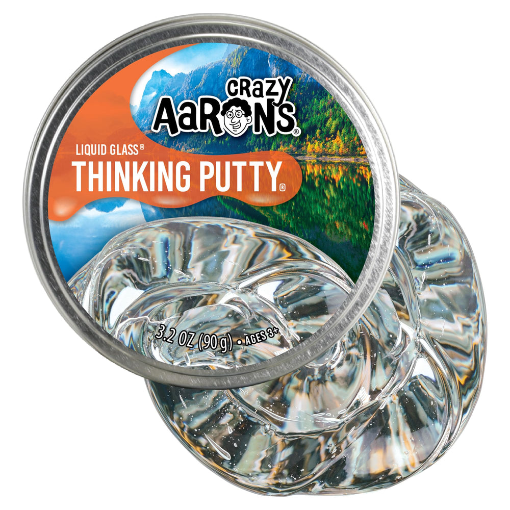 Crazy Aaron's Liquid Glass see-through putty in a 4-inch tin for crystal-clear tactile exploration.