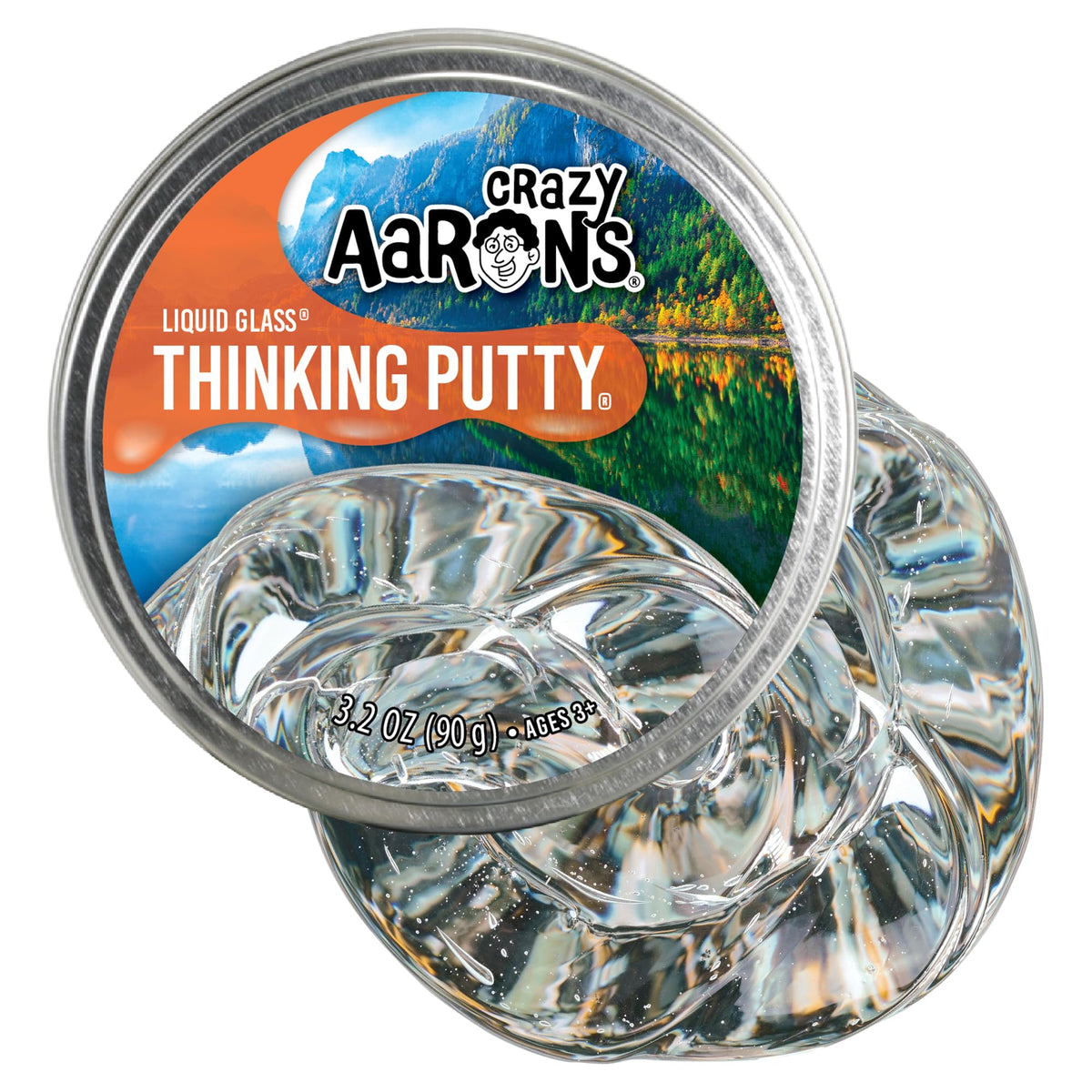 Crazy Aaron's Liquid Glass see-through putty in a 4-inch tin for crystal-clear tactile exploration.