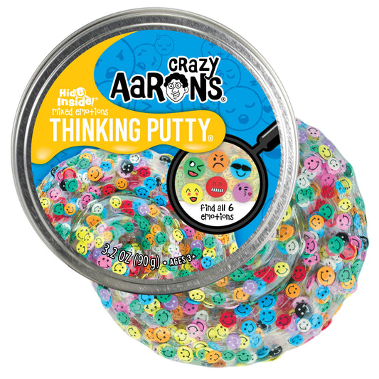 Crazy Aaron's Mixed Emotions putty in tin reveals emojis for creative play and focus.