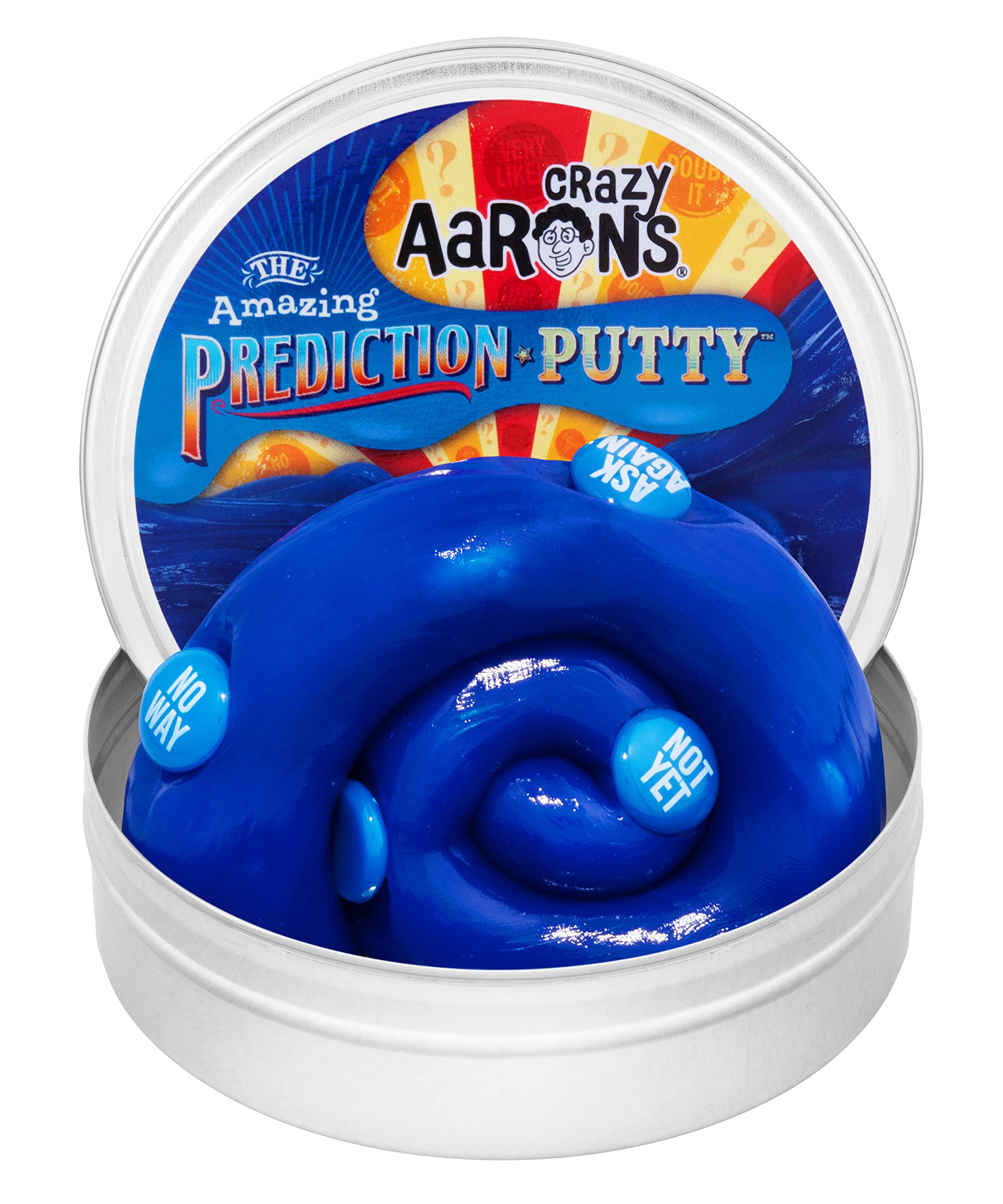 Crazy Aaron's Prediction blue thinking putty in a tin open, offering tactile focus.