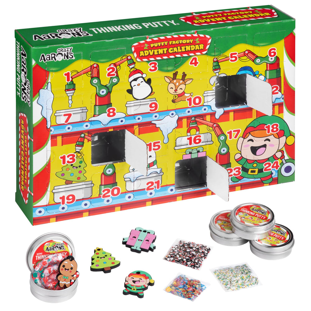 Crazy Aaron's Putty Advent Calendar 2024 hero shot showing festive slime surprises for kids