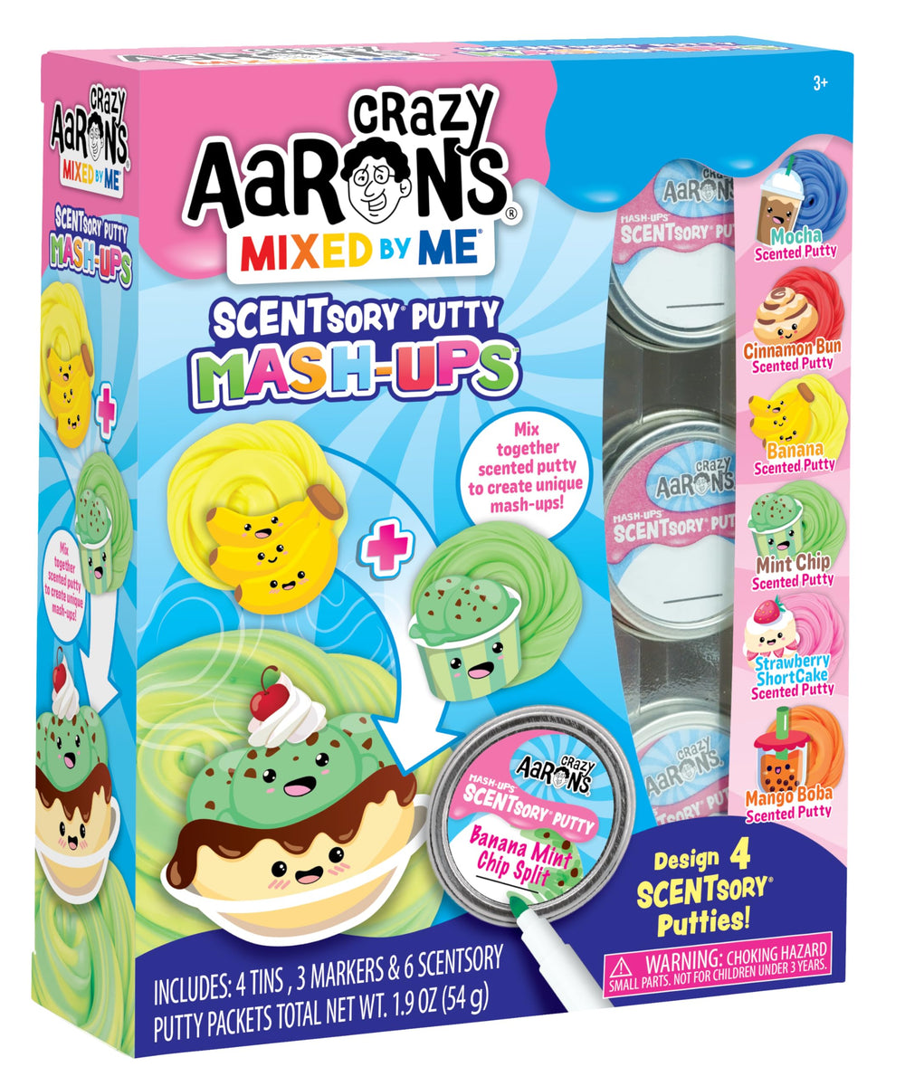 Crazy Aaron's Scentsory Mashups packaging and tins for organized creative play
