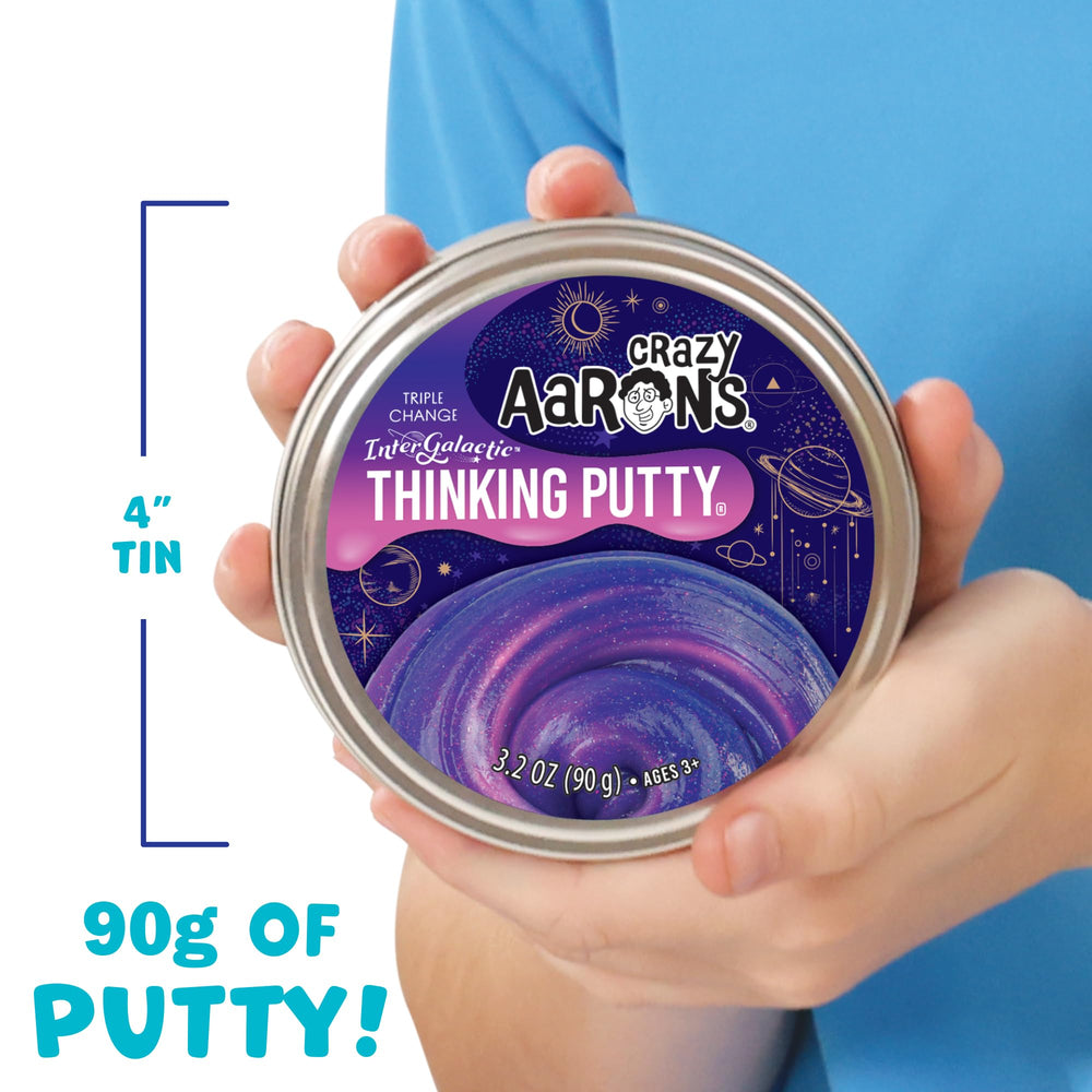 Crazy Aaron's Thinking Putty 3.2 oz pack beside tin lid shows convenient size.