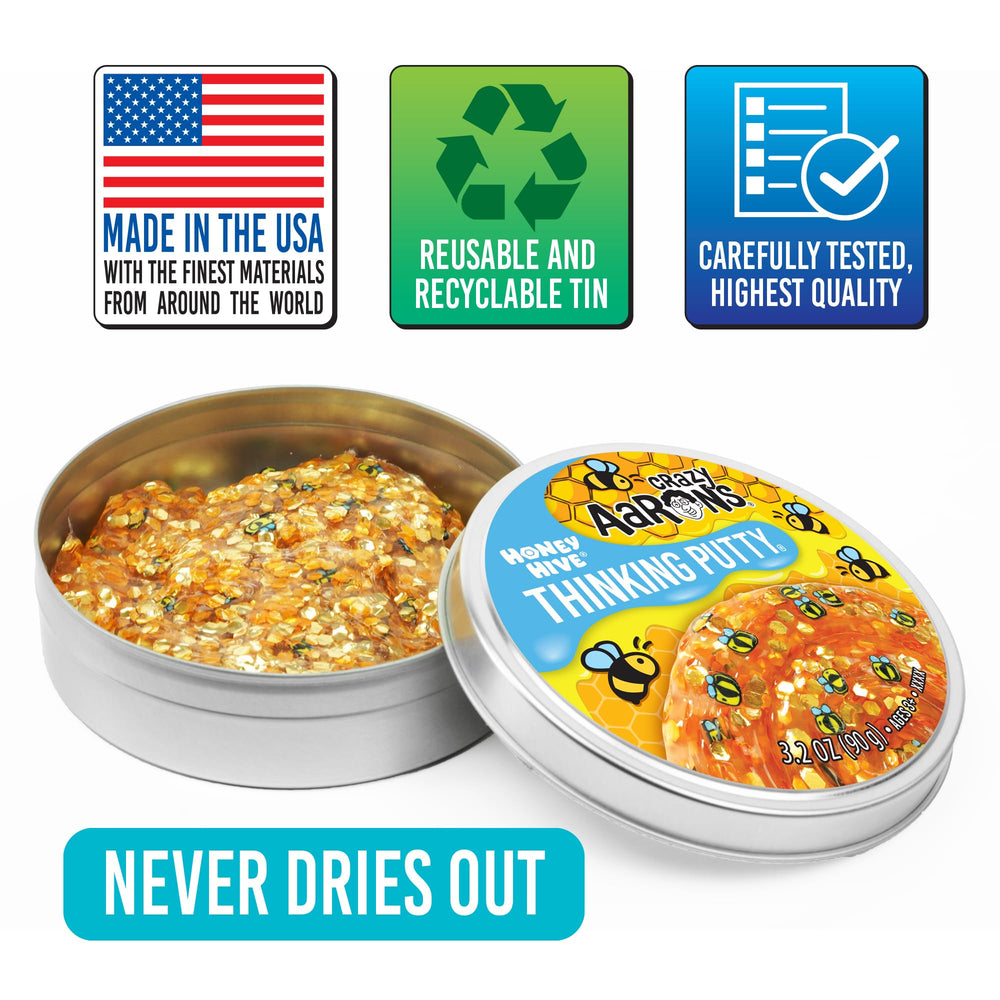 Crazy Aaron's Honey Hive packaging shows durable 4-inch tin for home play sessions.