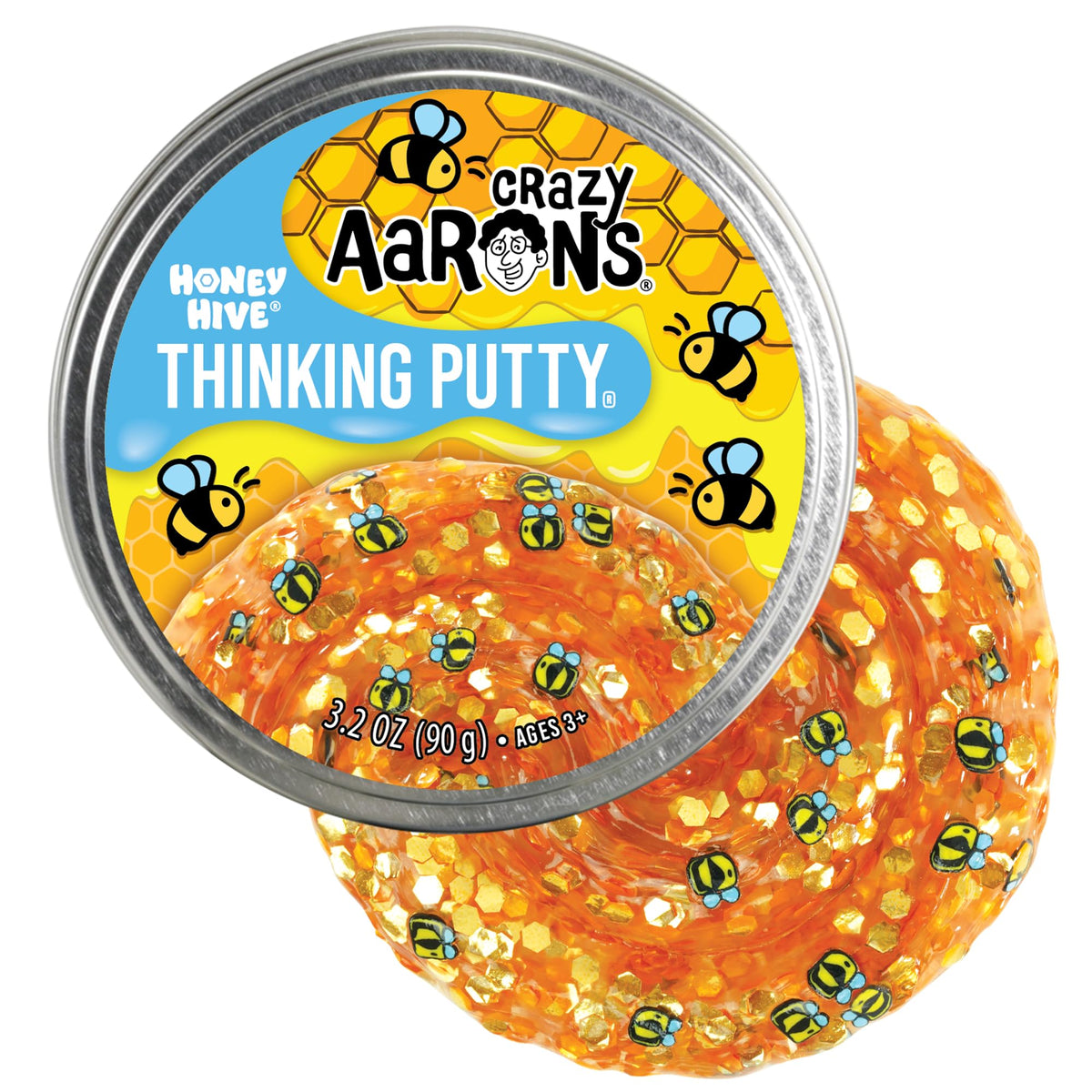Crazy Aaron's Honey Hive tin label shows clear putty for calm, creative sensory play.