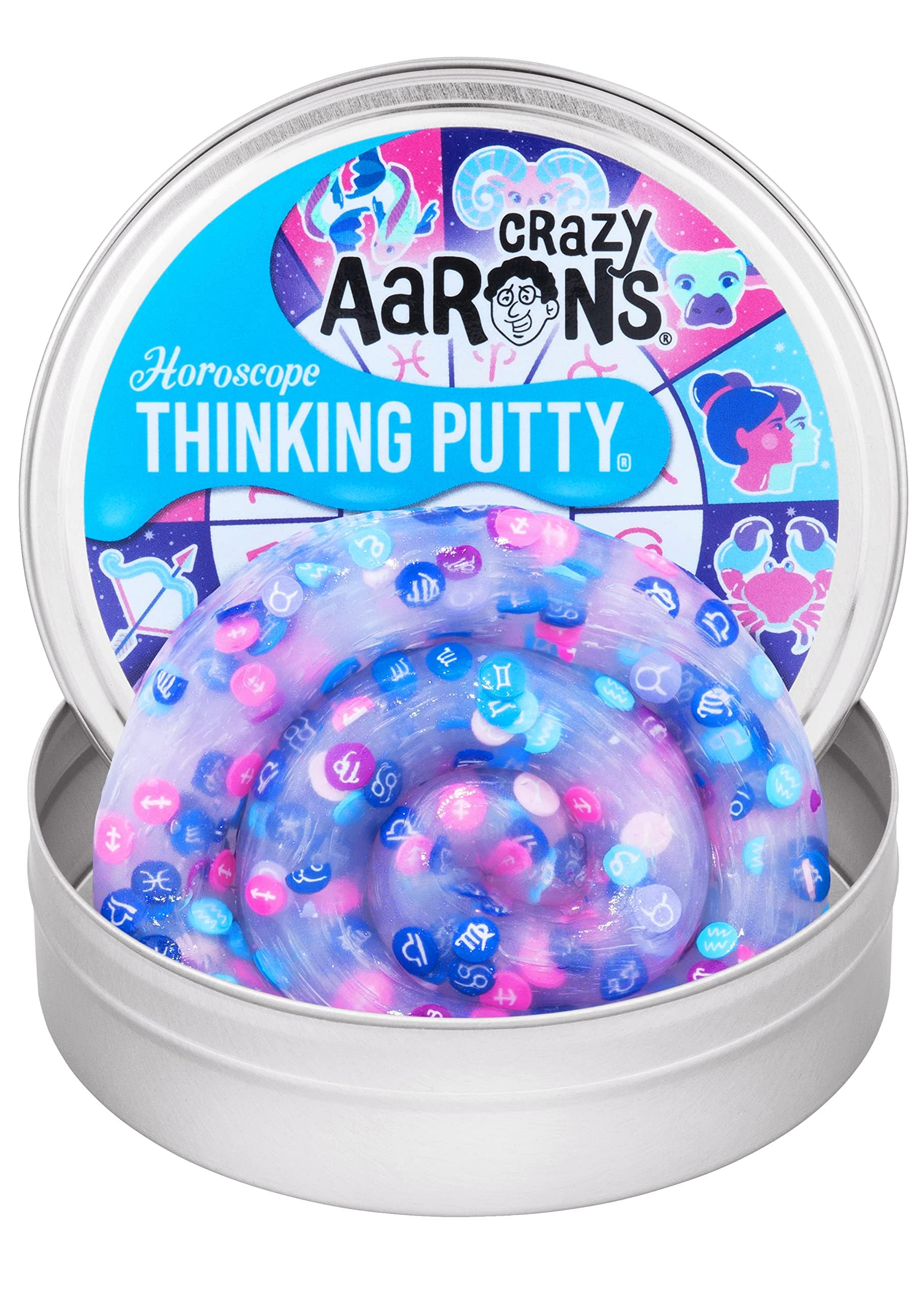 Crazy Aaron's Horoscope Thinking Putty tin with charms for tactile fun.