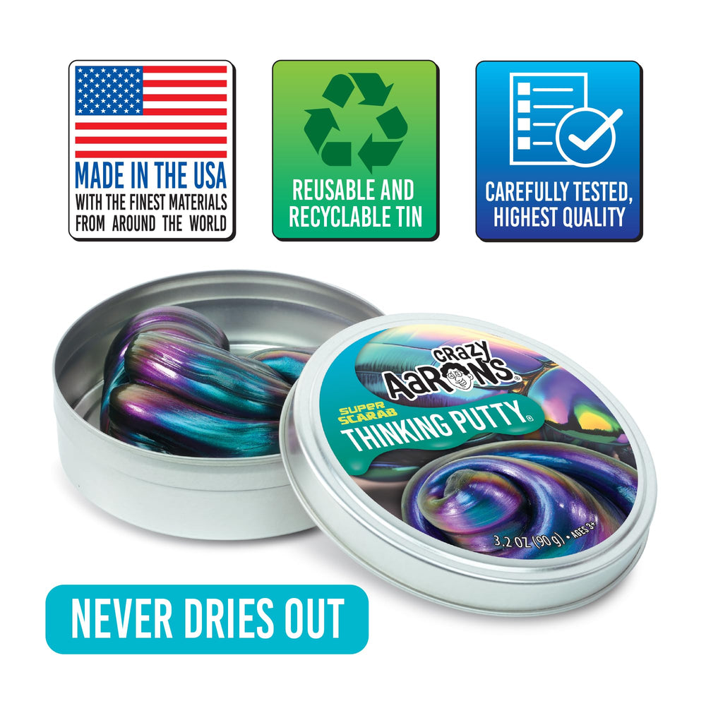Crazy Aaron's Thinking Putty Super Scarab proudly USA-made for reliable quality.