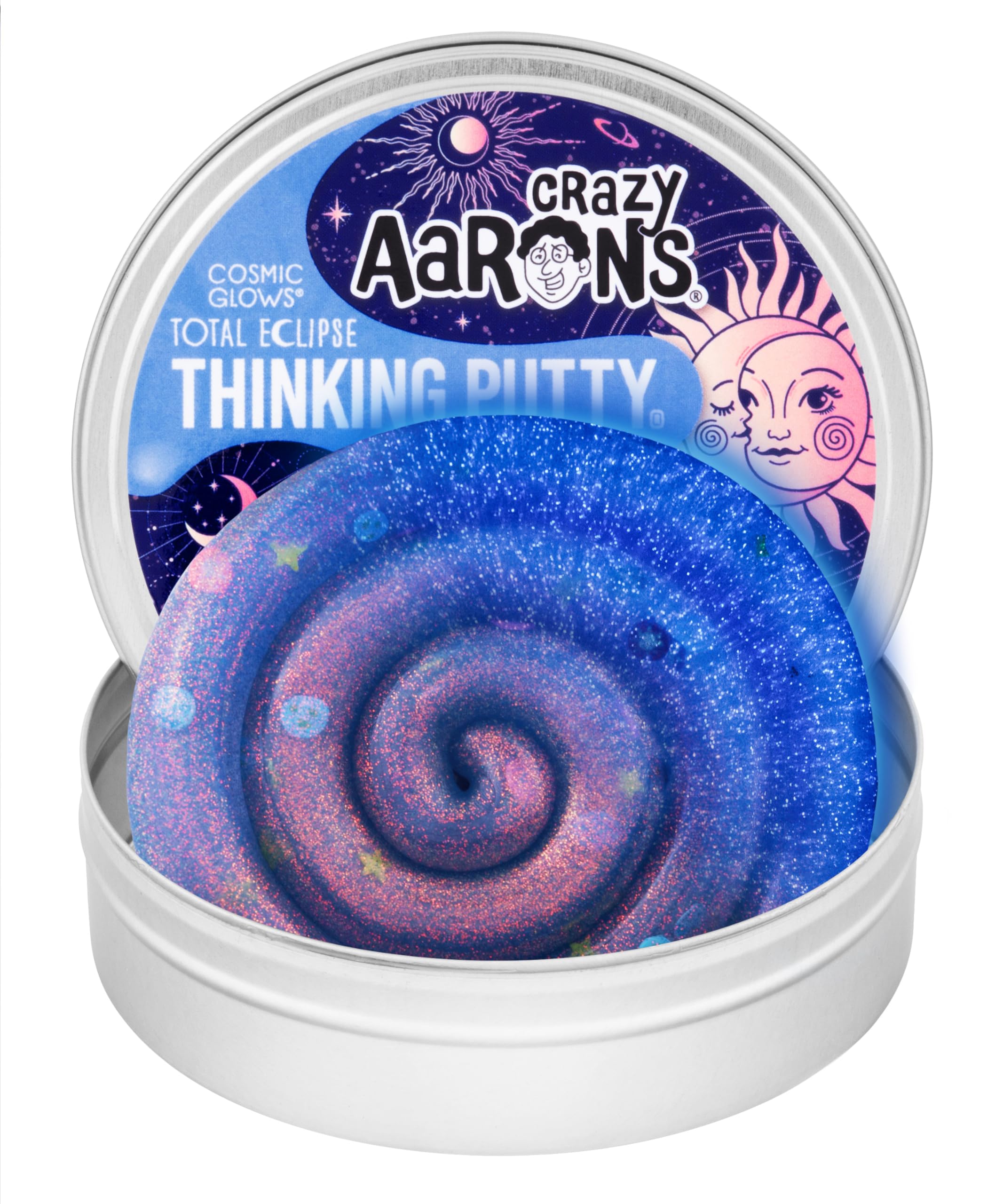 Crazy Aaron's Thinking Putty Total Eclipse glows in the dark for night play.