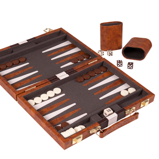 Crazy Games Premium Backgammon board featuring a brown leatherette exterior for smooth play