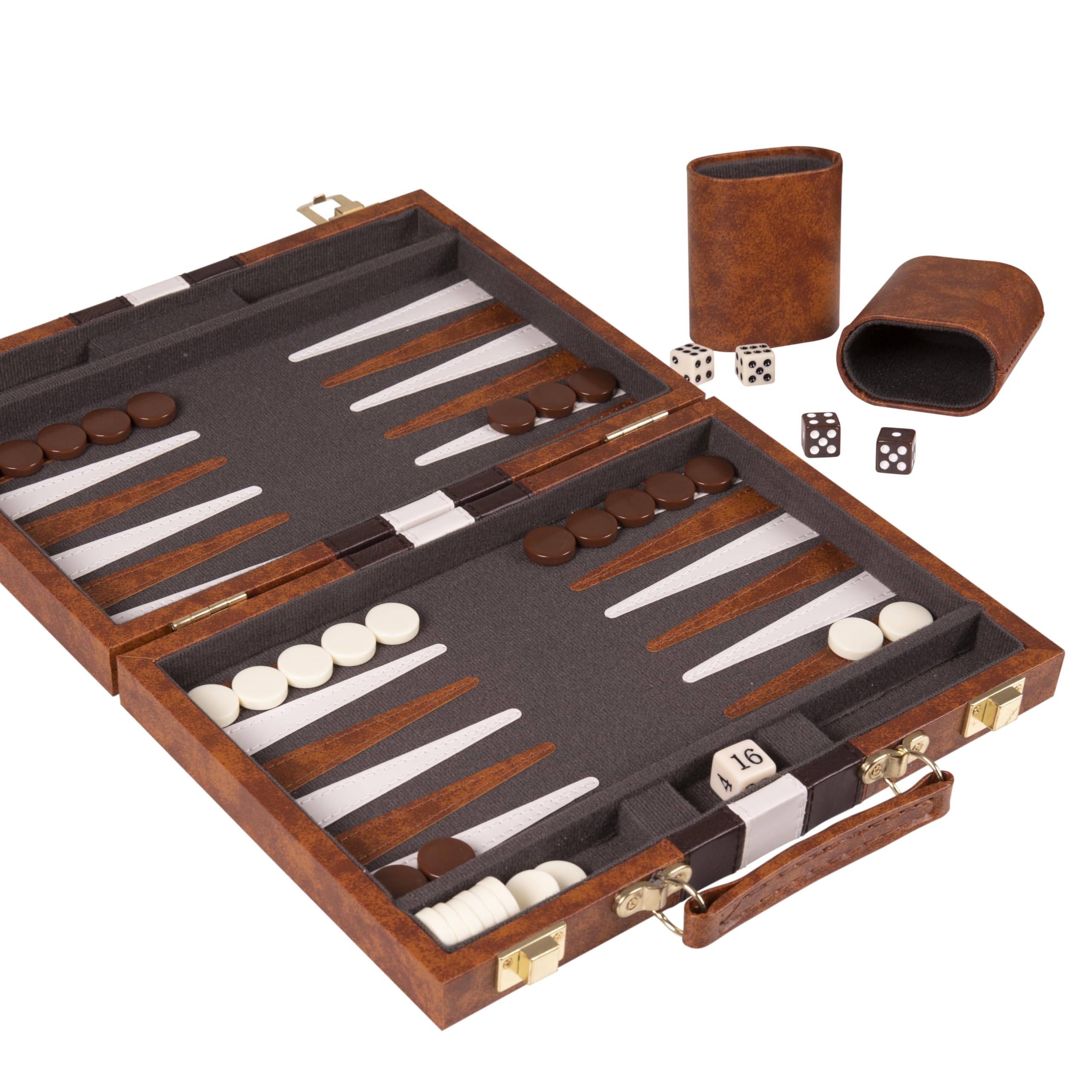 Crazy Games premium backgammon 11in brown interior compartments organize chips and dice
