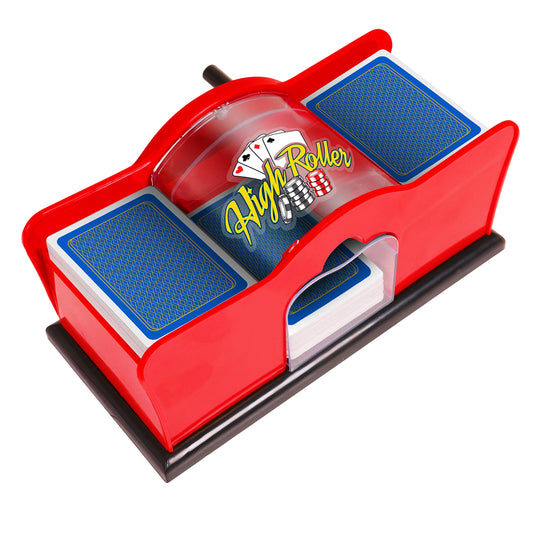 Close-up of Crazy Games Red Shuffler hand crank in action