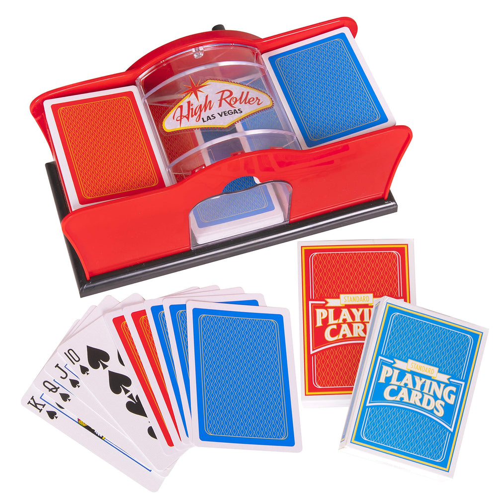 Crazy Games Red Manual Card Shuffler showing two-deck capacity for quick shuffles