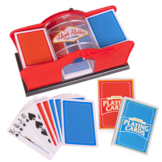 Crazy Games Red Manual Card Shuffler showing two-deck capacity for quick shuffles