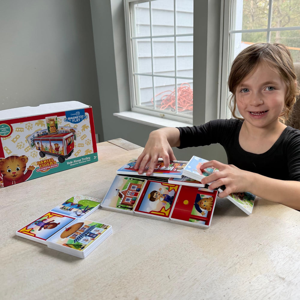 CreateOn Daniel Tiger trolley tiles close-up highlights vibrant colors for early creativity