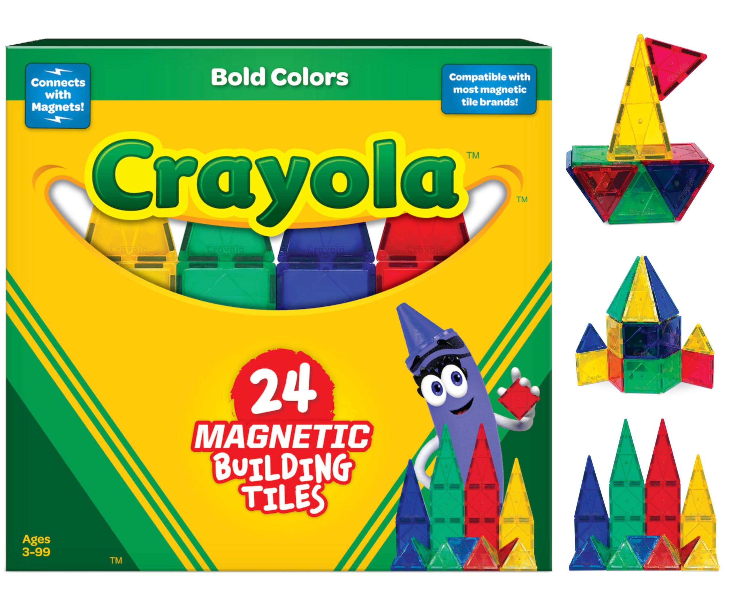 CreateOn Crayola Bold magnetic tiles 24-piece set, vibrant colors for creative building play.