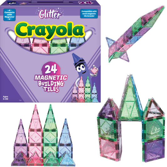 CreateOn Crayola Glitter Magnetic Tiles assembled for imaginative STEM building sessions