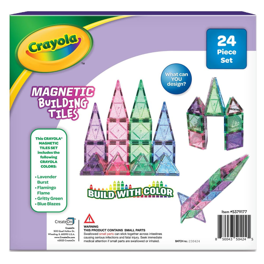 CreateOn Crayola Glitter Magnetic Tiles pieces scattered for color-matched play