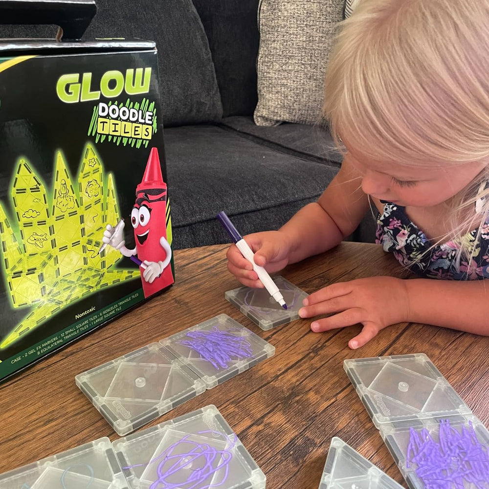 CreateOn Crayola Glow Doodle Tiles featuring castle and rocket themes for themed play.