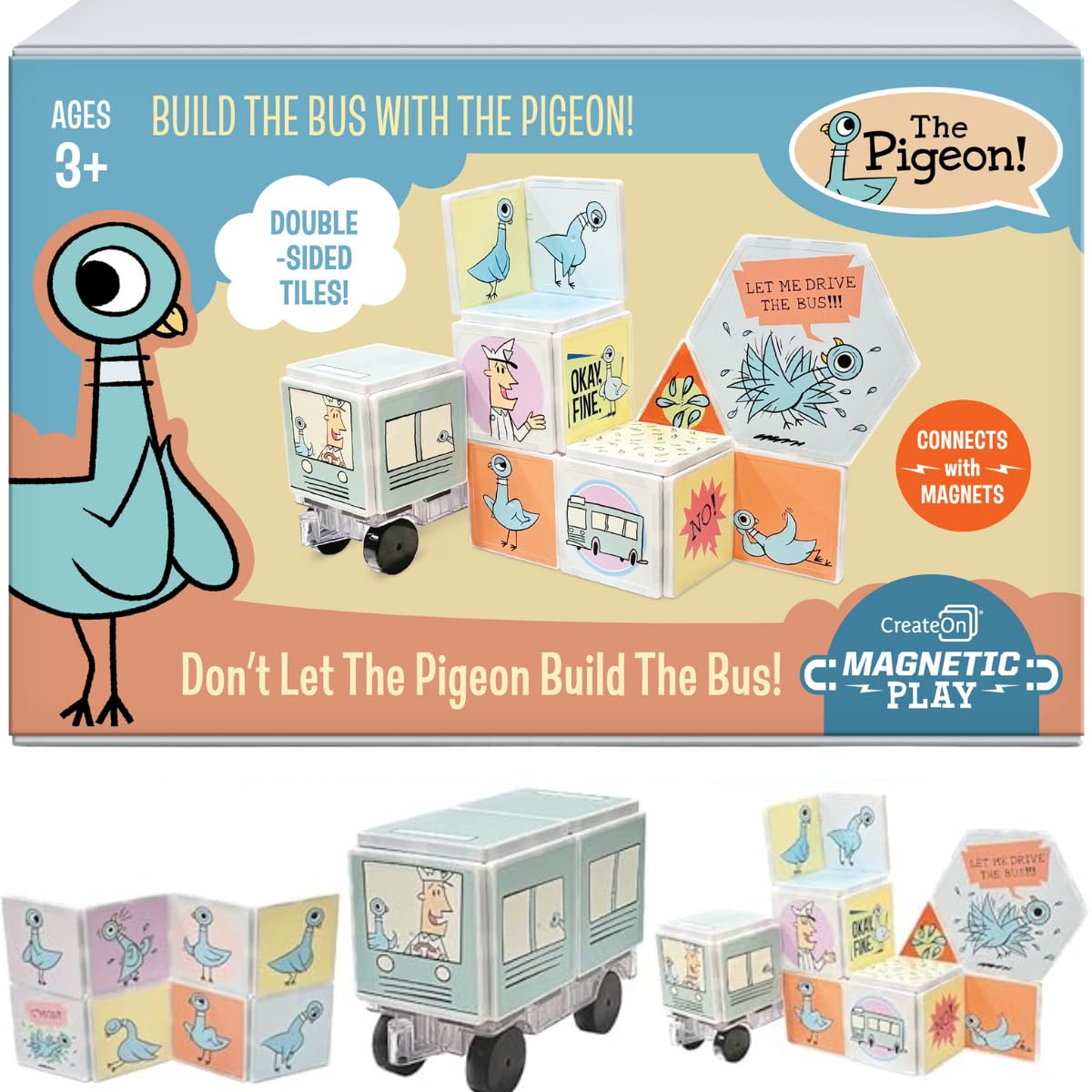CreateOn Don't Let The Pigeon tiles close-up for tactile story interaction and fine motor practice.
