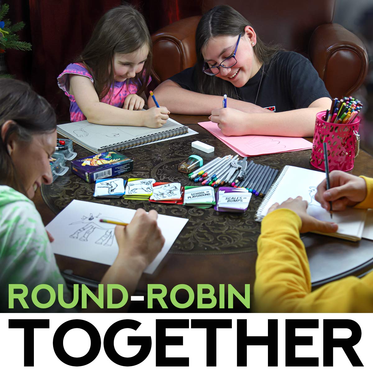 Child draws with Createures prompts, highlighting easy entry for creative warm-ups.