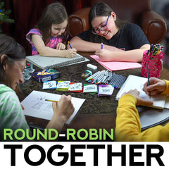 Child draws with Createures prompts, highlighting easy entry for creative warm-ups.