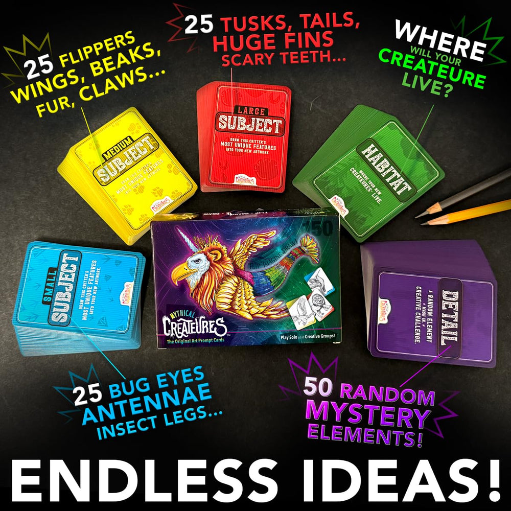 Close-up of Createures prompt cards showcasing varied traits to fuel imaginative sketches.
