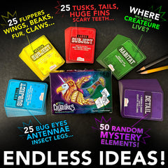 Close-up of Createures prompt cards showcasing varied traits to fuel imaginative sketches.