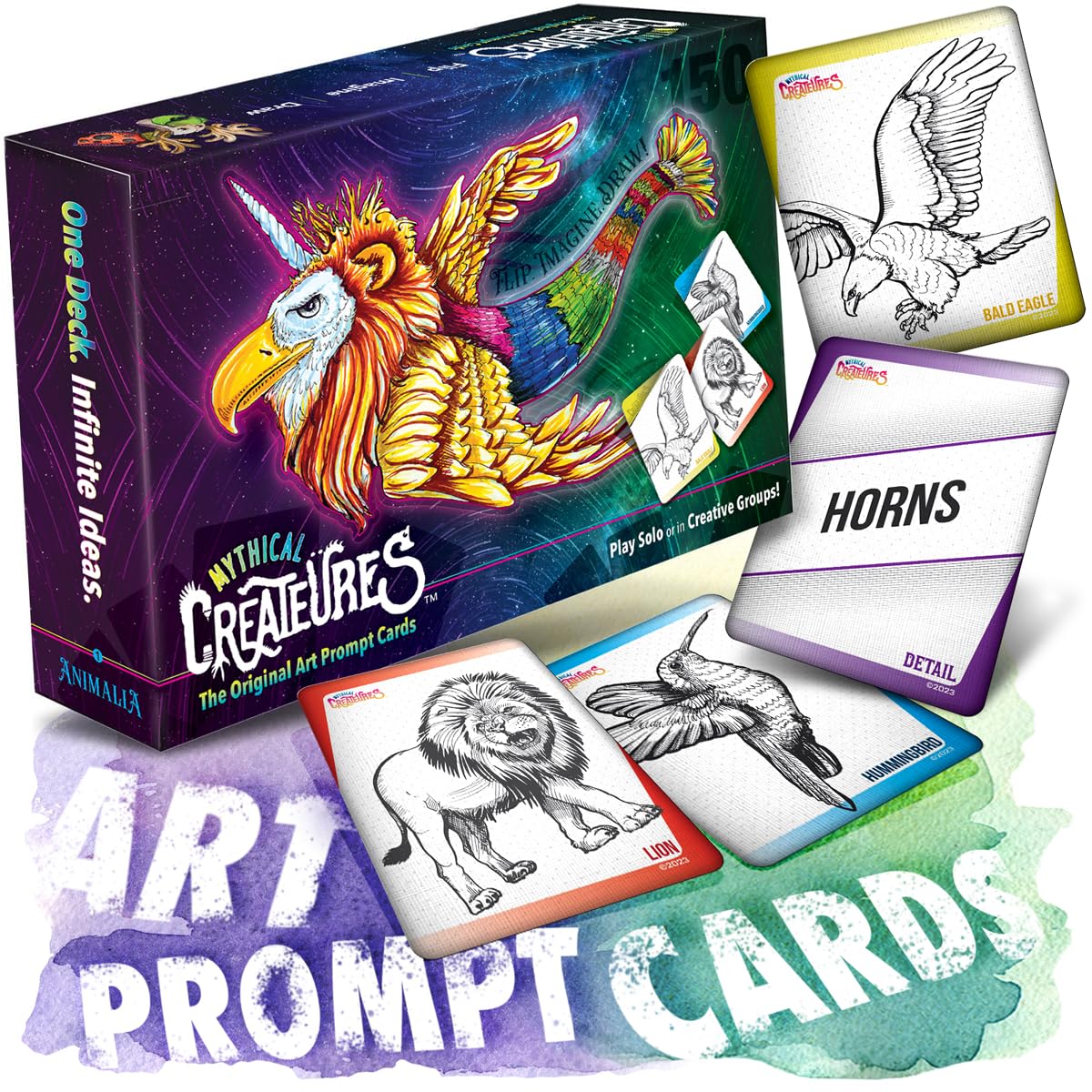 Createures Mythical Creatures prompt card collection on table sparks spontaneous drawing ideas.