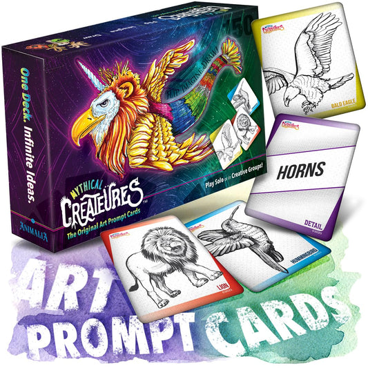 Createures Mythical Creatures prompt card collection on table sparks spontaneous drawing ideas.