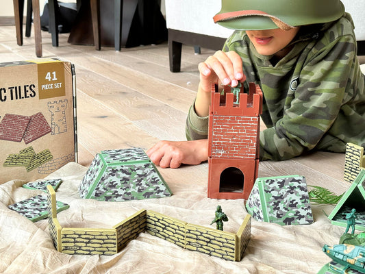 Creatiles army war-themed tiles arranged into scalable battlegrounds for creative problem solving.