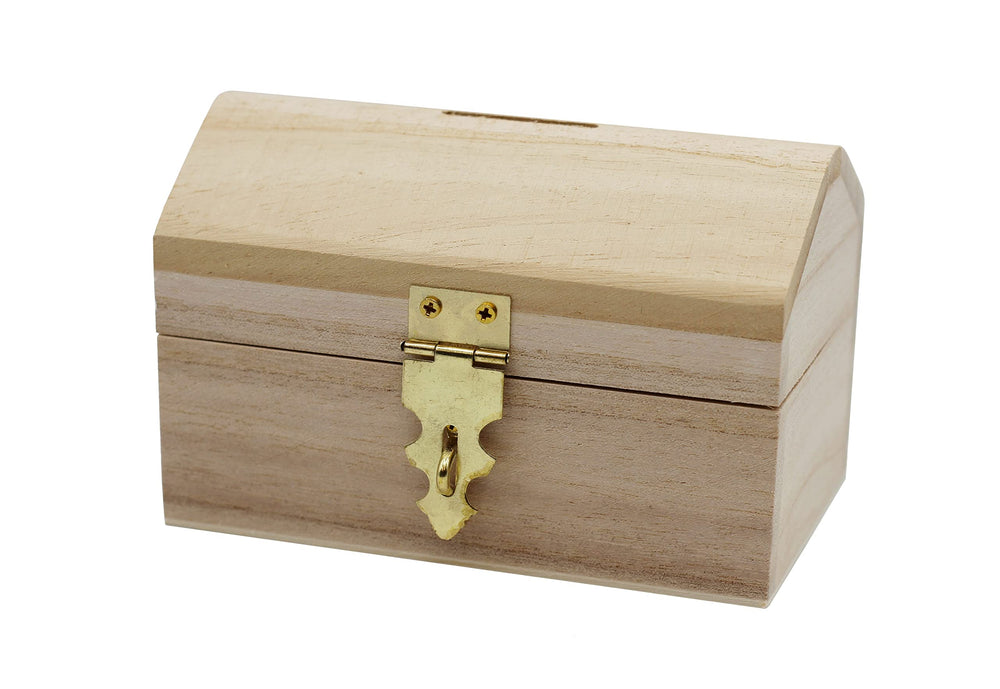 Creative Hobbies wood treasure chest with hinged lid shown open for decoration