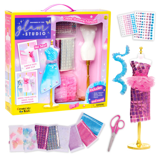 Creativity for Kids Glam Studio mannequin with fabrics for design practice