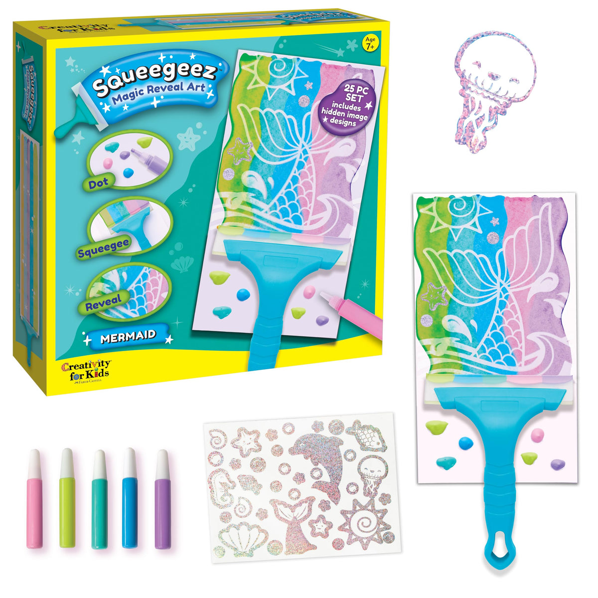 Creativity for Kids Squeegeez Mermaid dot art kit shows mermaid designs for creative painting